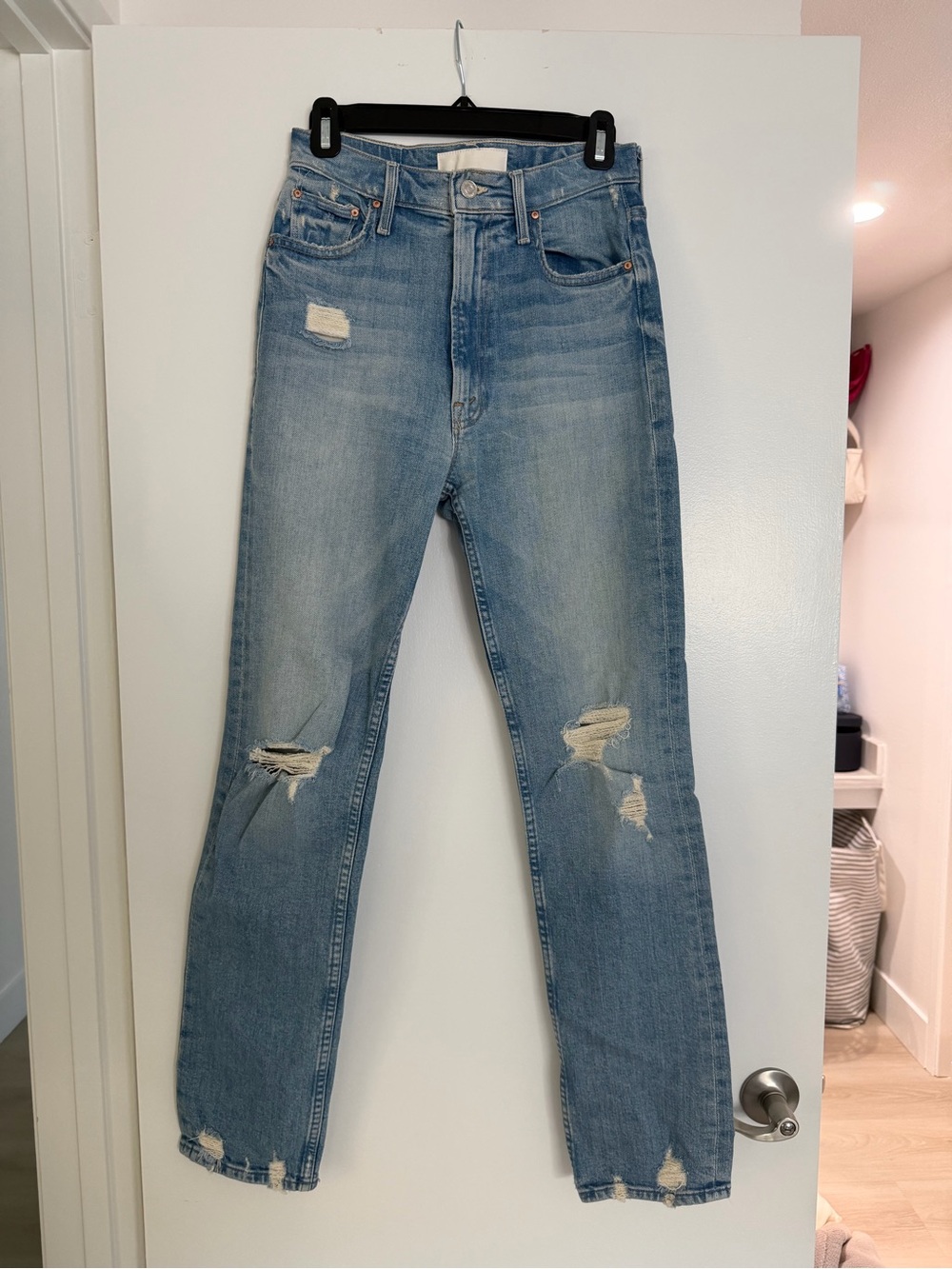 MOTHER Light Blue Distressed Straight Jeans